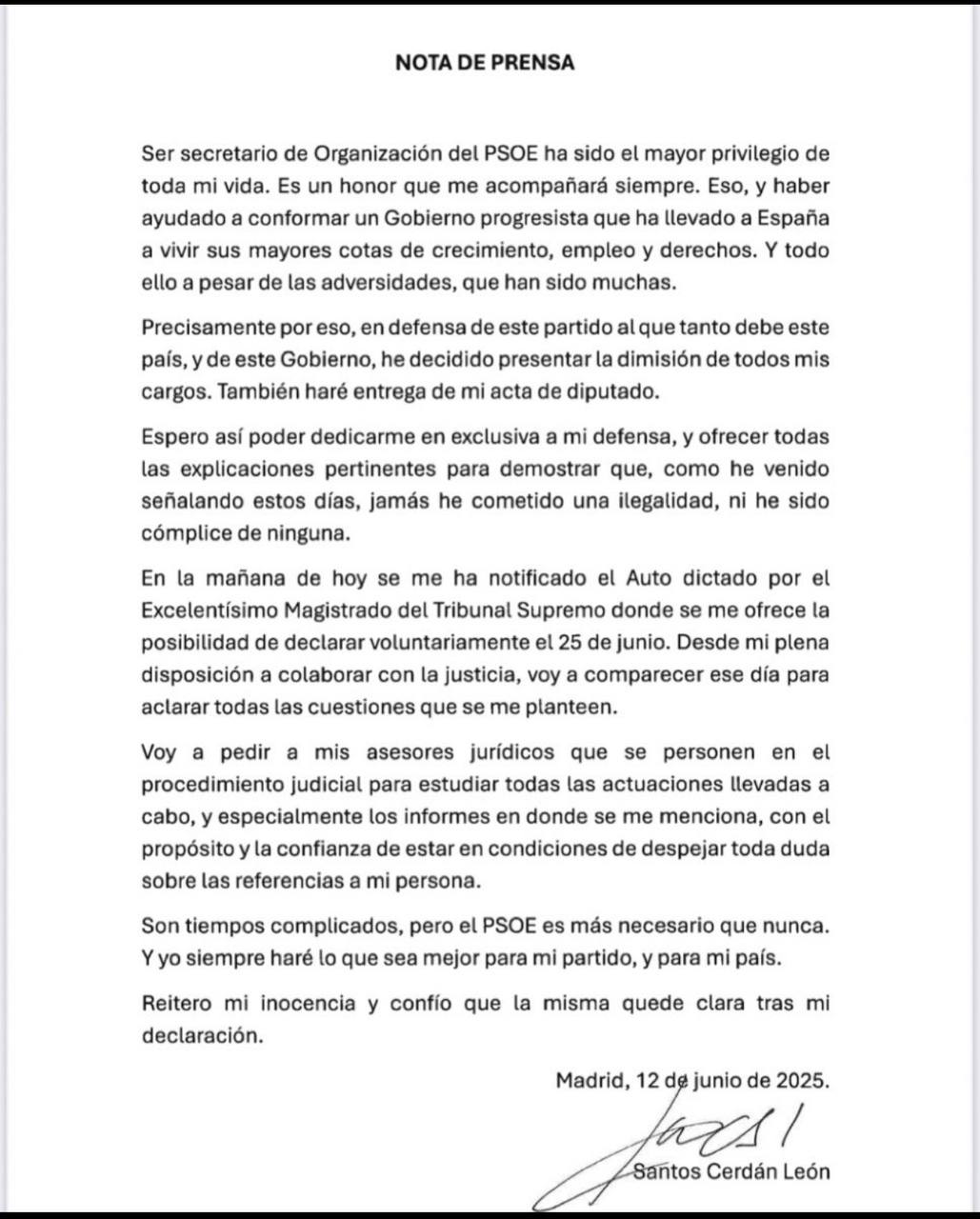 Carta de dimisión de Santos Cerdán