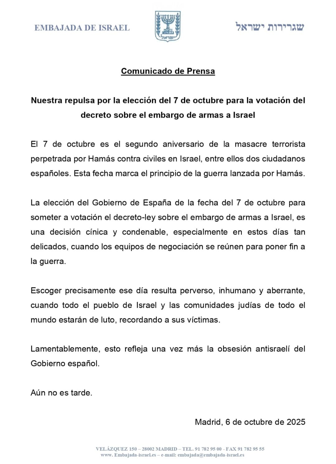 Comunicado de prensa-Embajada de Israel