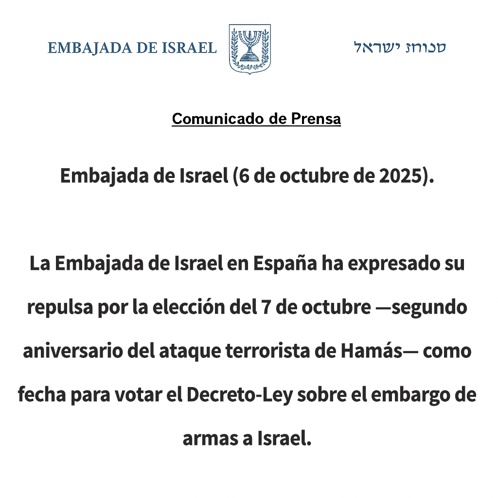 Comunicado de la Embajada de Israel (6 de octubre de 2025).