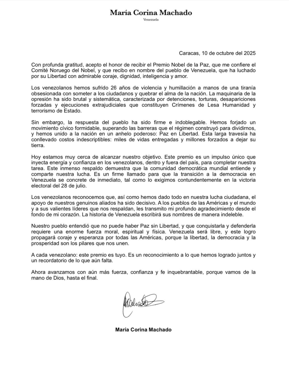 Premio nobel de la paz 2025