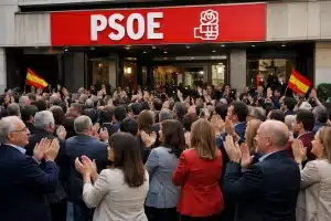 A qué PSOE admiras, Juanma. Gente aplaudiendo en la sede del PSOE.