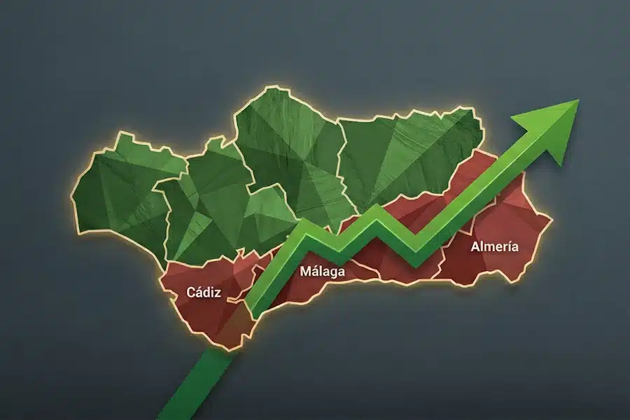 El posible sorpasso de VOX al PSOE en Andalucía. Mapa de Andalucía con reparto de provincias.