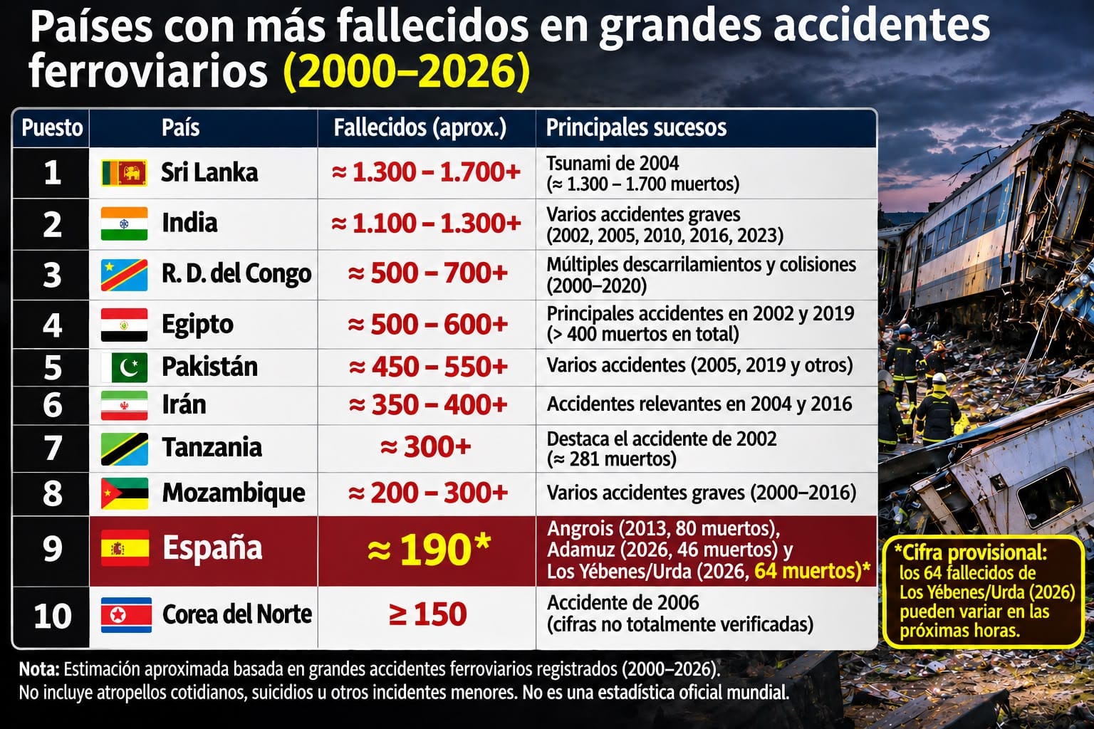 Países con más fallecidos en accidentes ferroviarios
